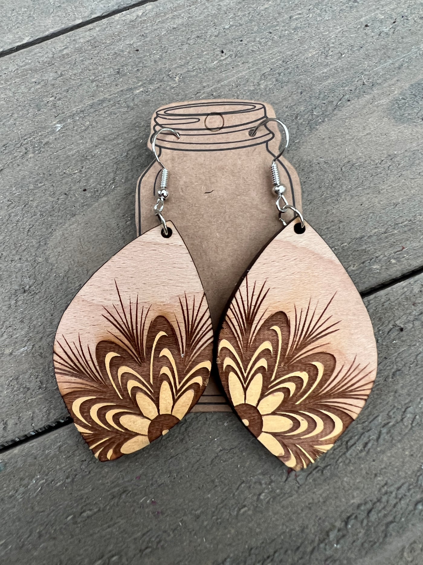 Yellow Floral Engraved Wooden Earrings