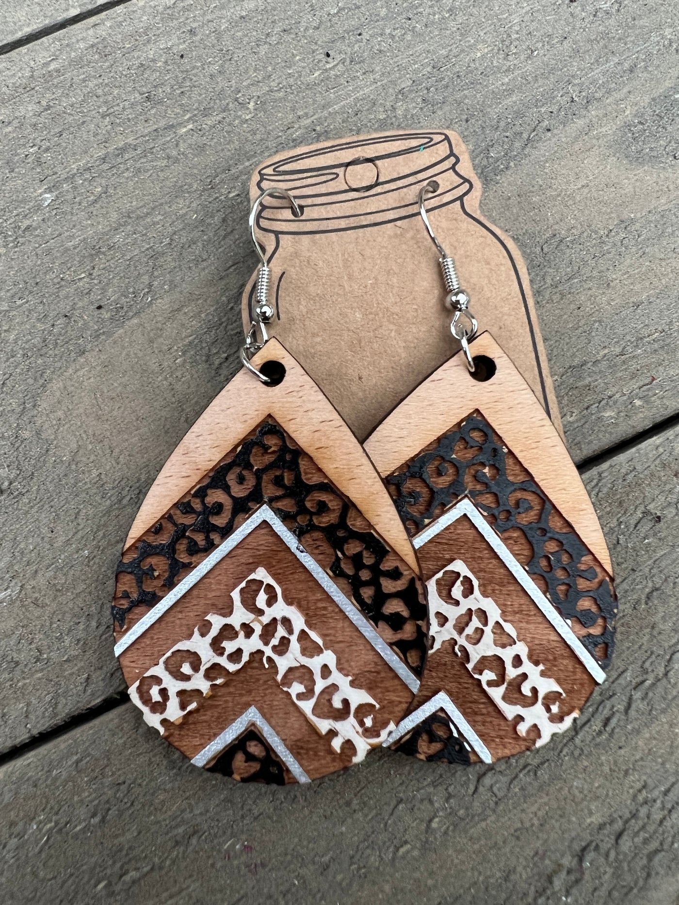 Leopard Engraved Black and White Wooden Earrings