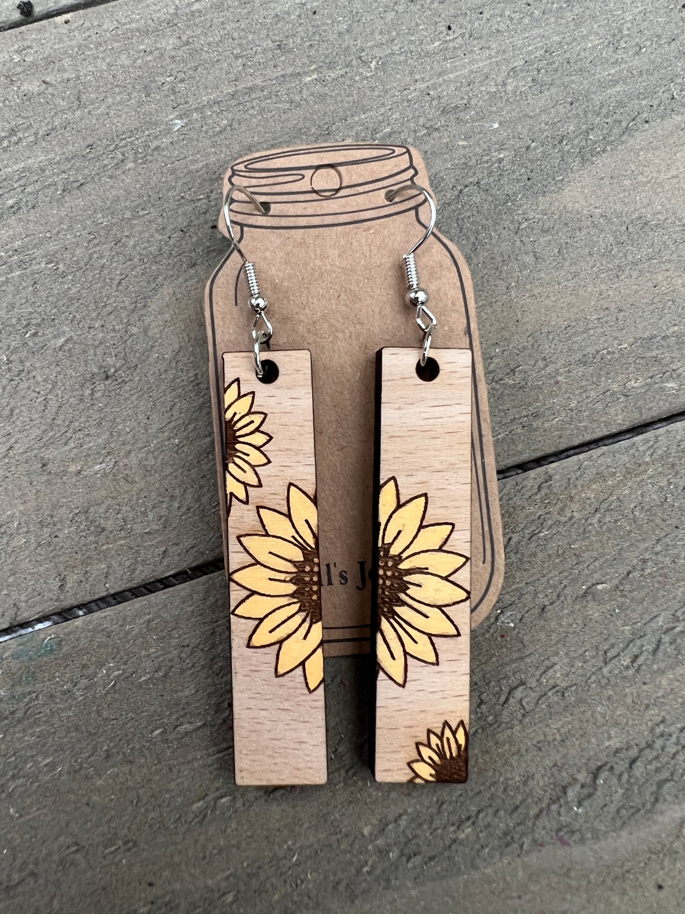 Medium Rectangle Sunflower Engraved Wooden Earrings