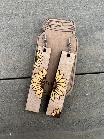 Medium Rectangle Sunflower Engraved Wooden Earrings