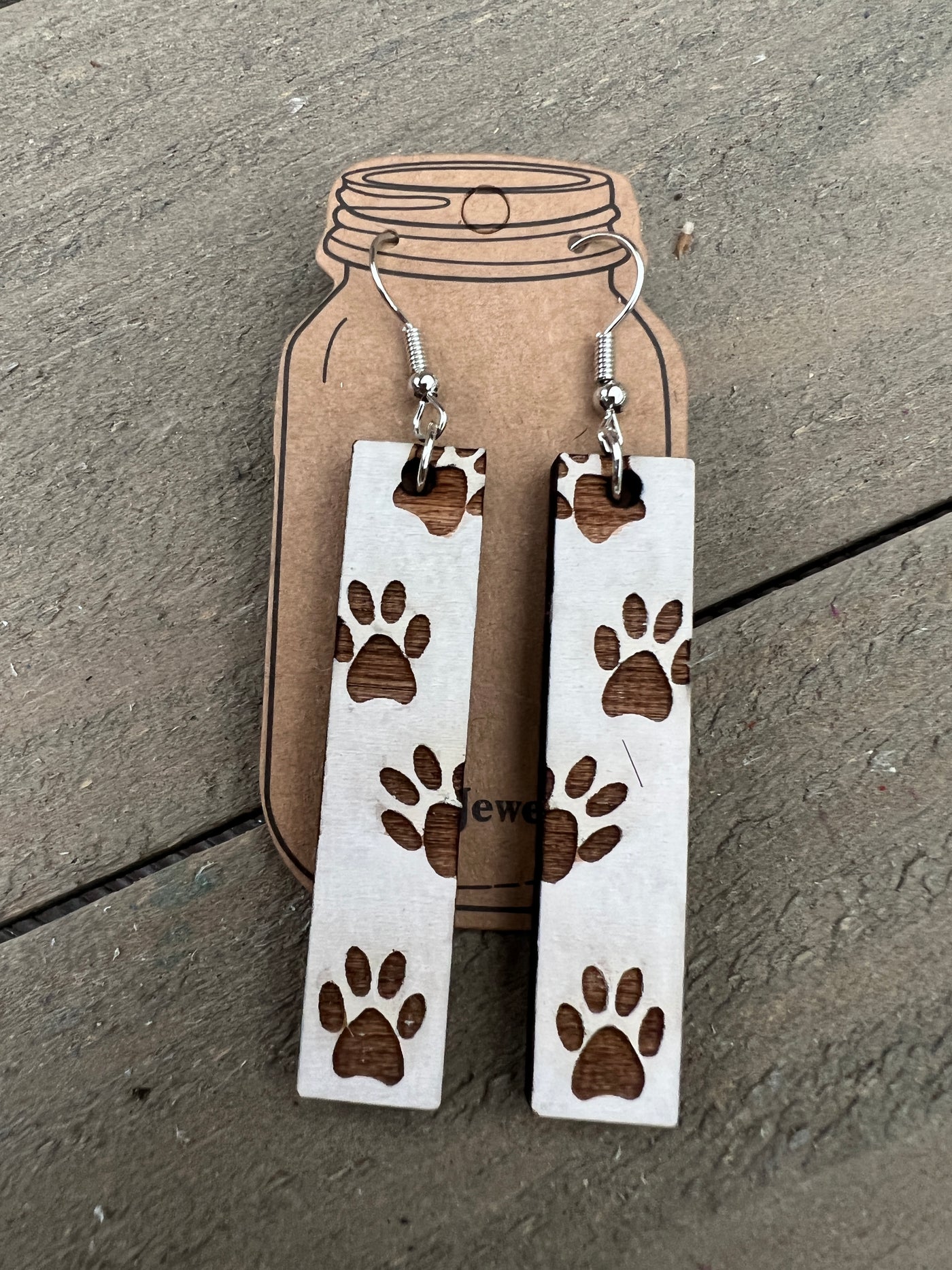 White Paw Print Engraved Wooden Earrings