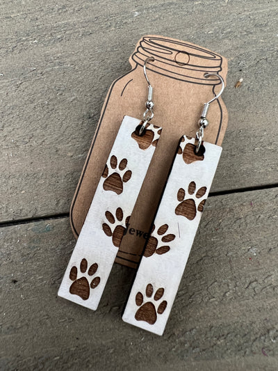 White Paw Print Engraved Wooden Earrings