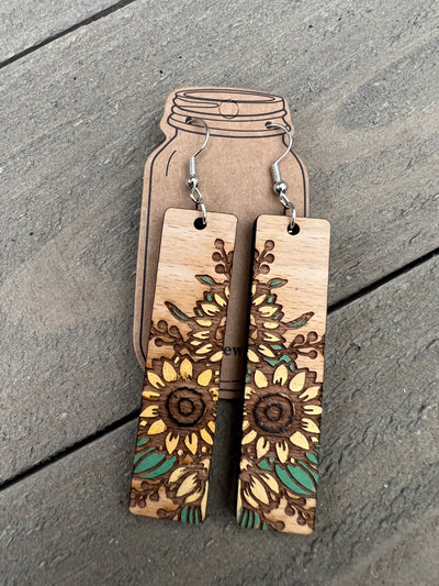 Rectangle Sunflower Engraved Wooden Earrings