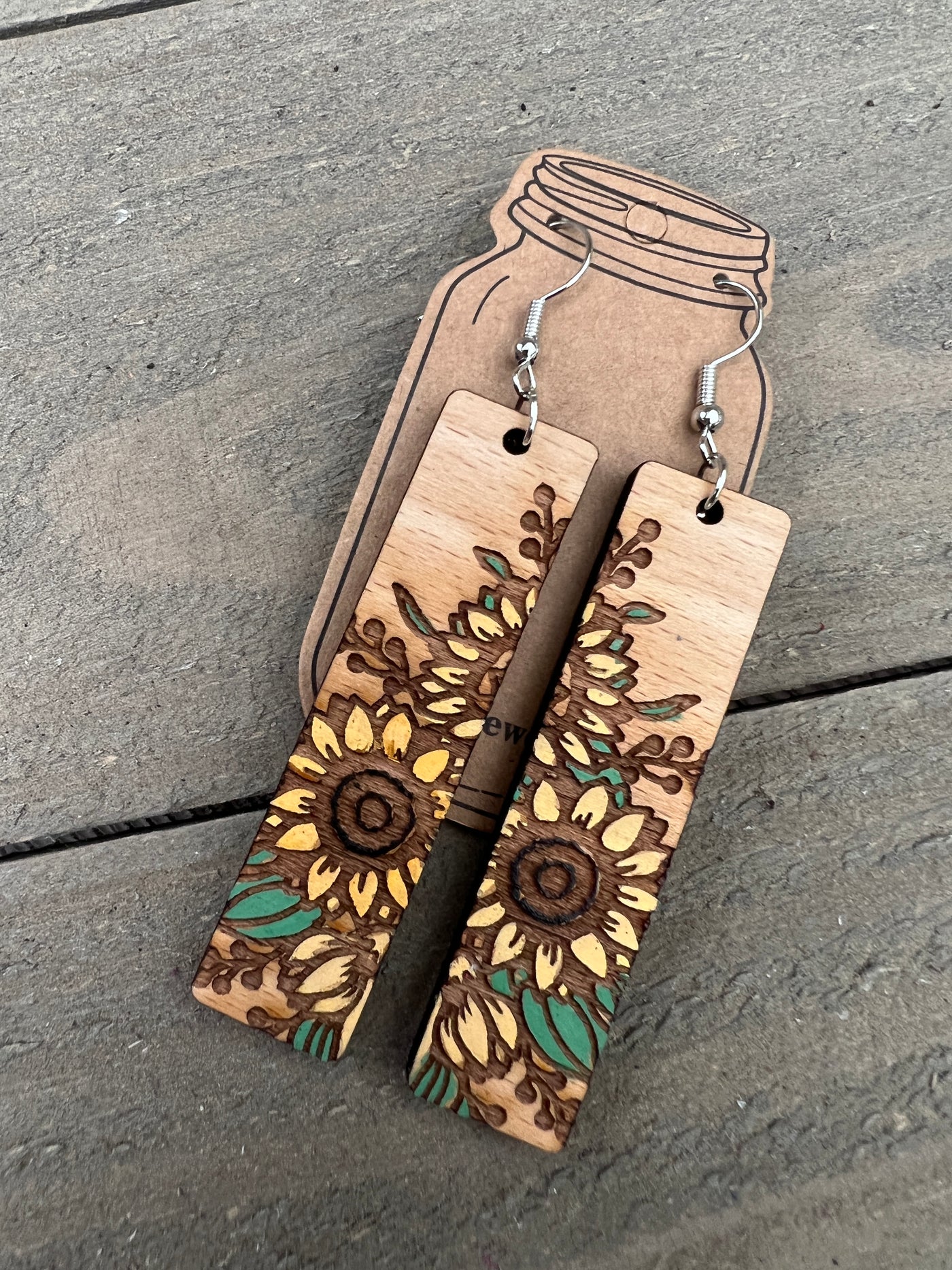 Rectangle Sunflower Engraved Wooden Earrings