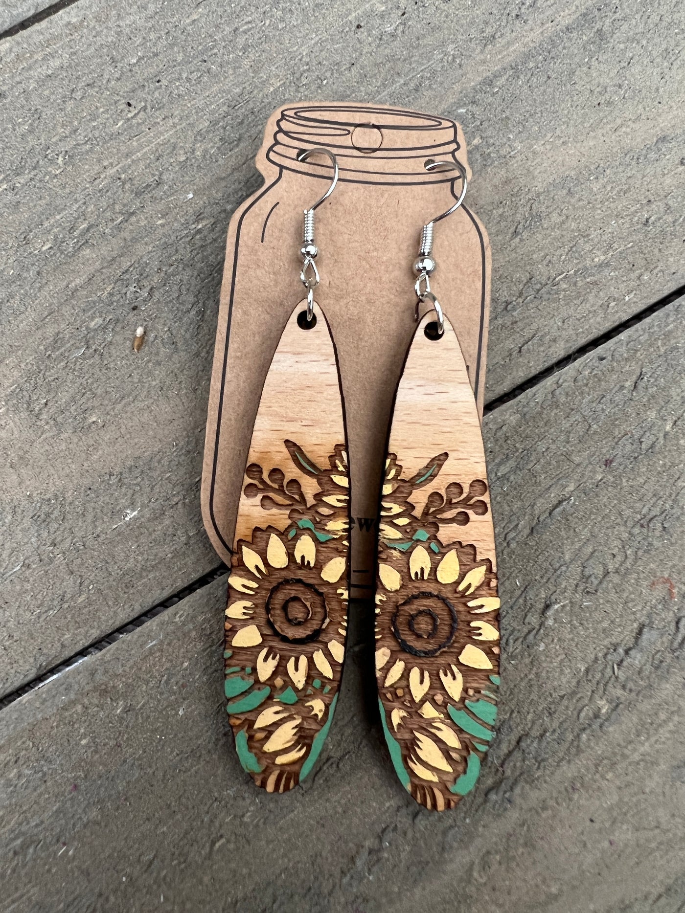 Long Oval Sunflower Engraved Wooden Earrings
