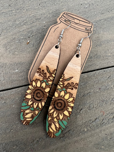 Long Oval Sunflower Engraved Wooden Earrings