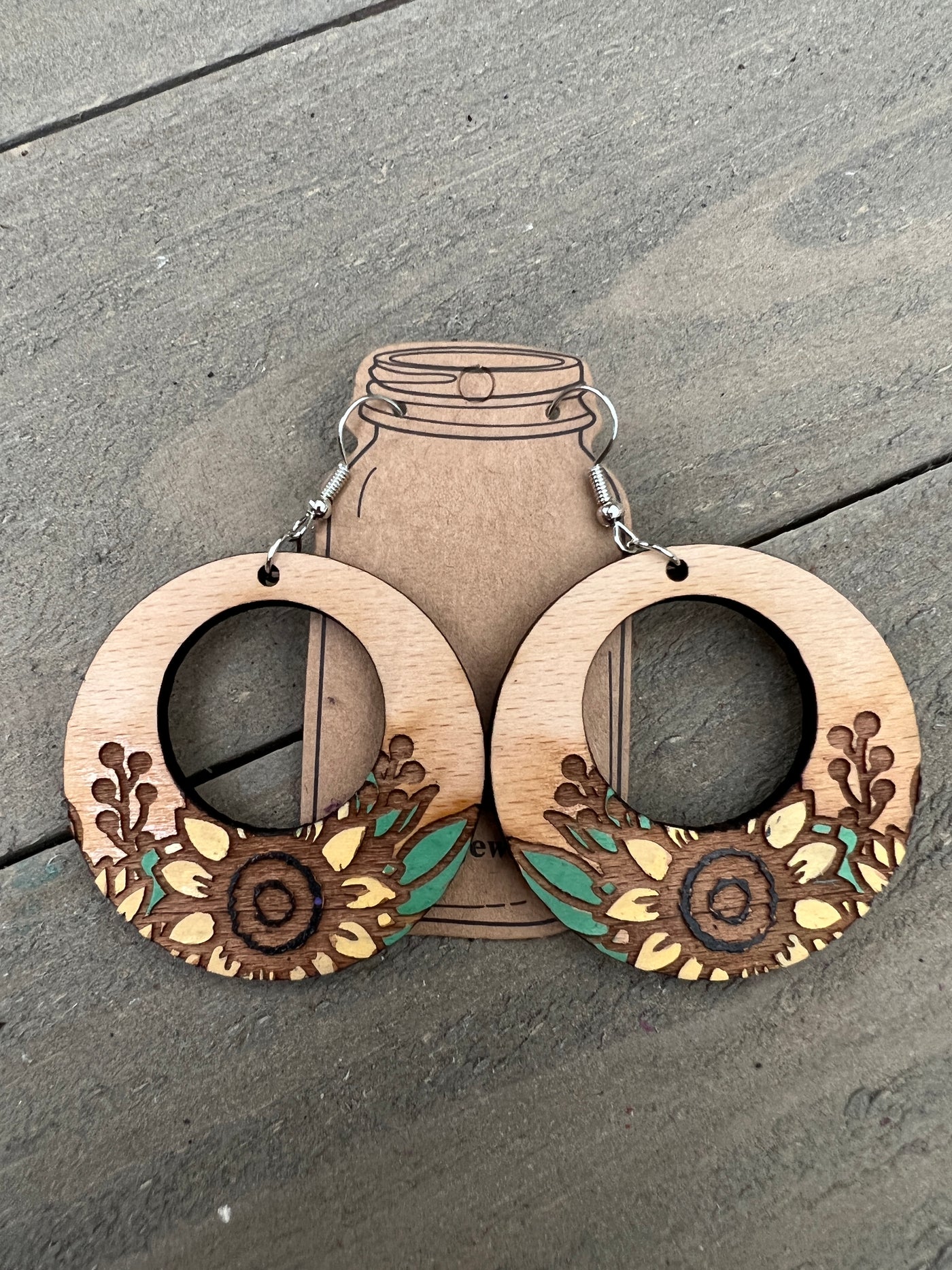 Round Cutout Sunflower Engraved Wooden Earrings