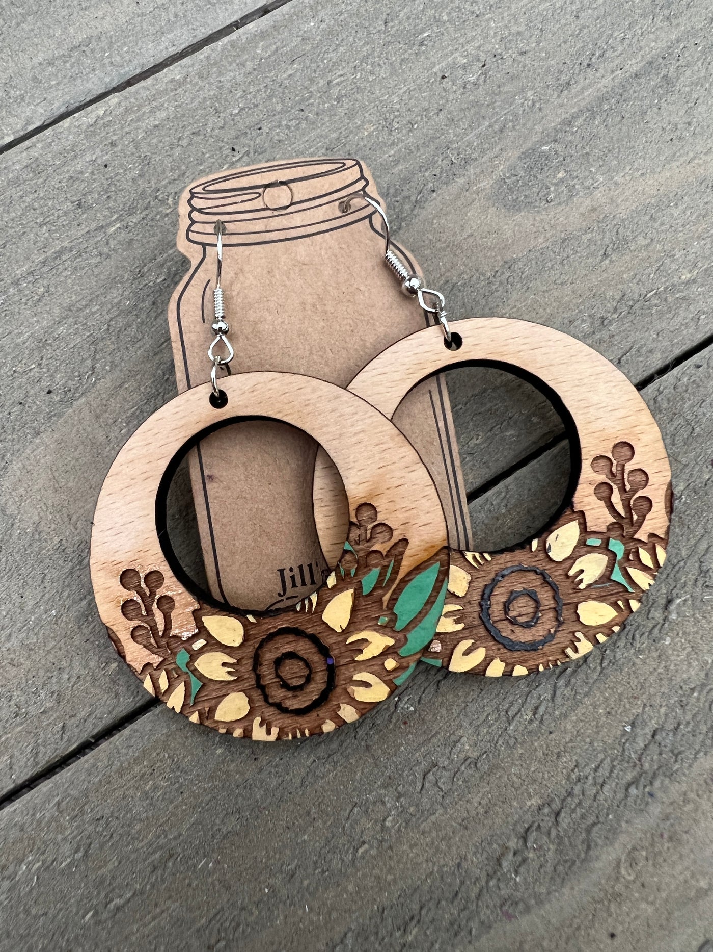 Round Cutout Sunflower Engraved Wooden Earrings