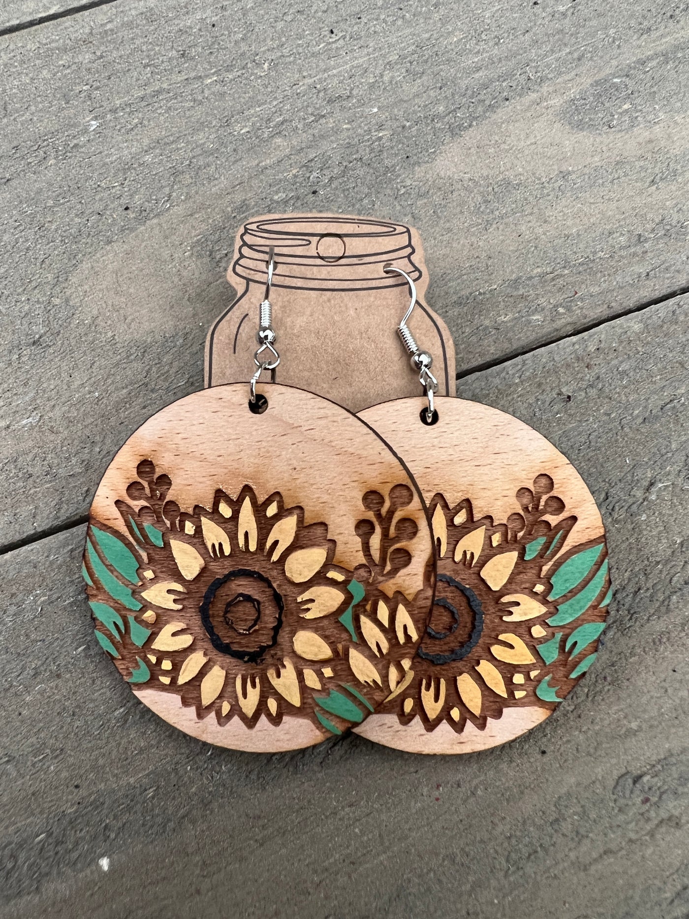 Round Sunflower Engraved Wooden Earrings