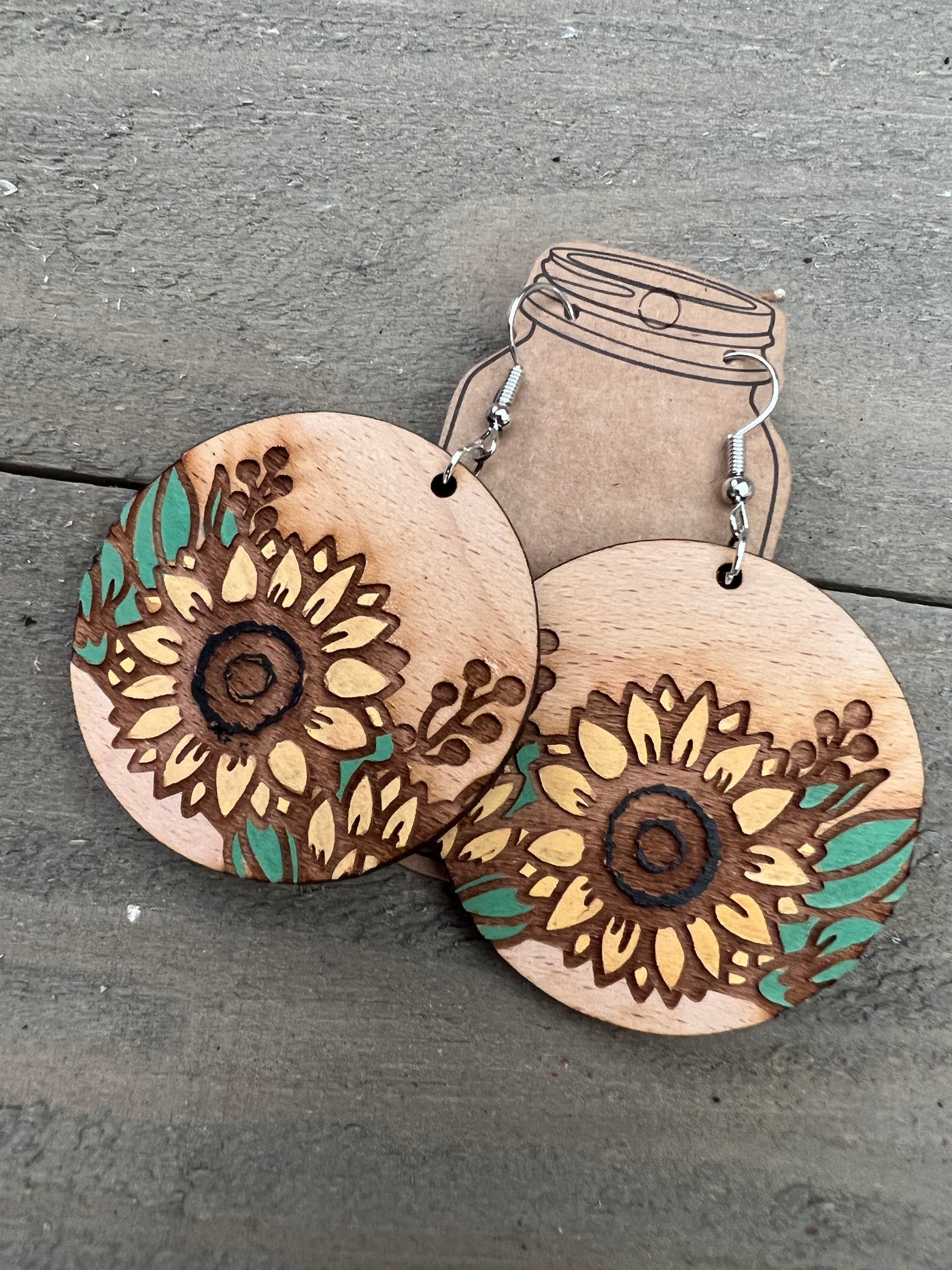 Round Sunflower Engraved Wooden Earrings