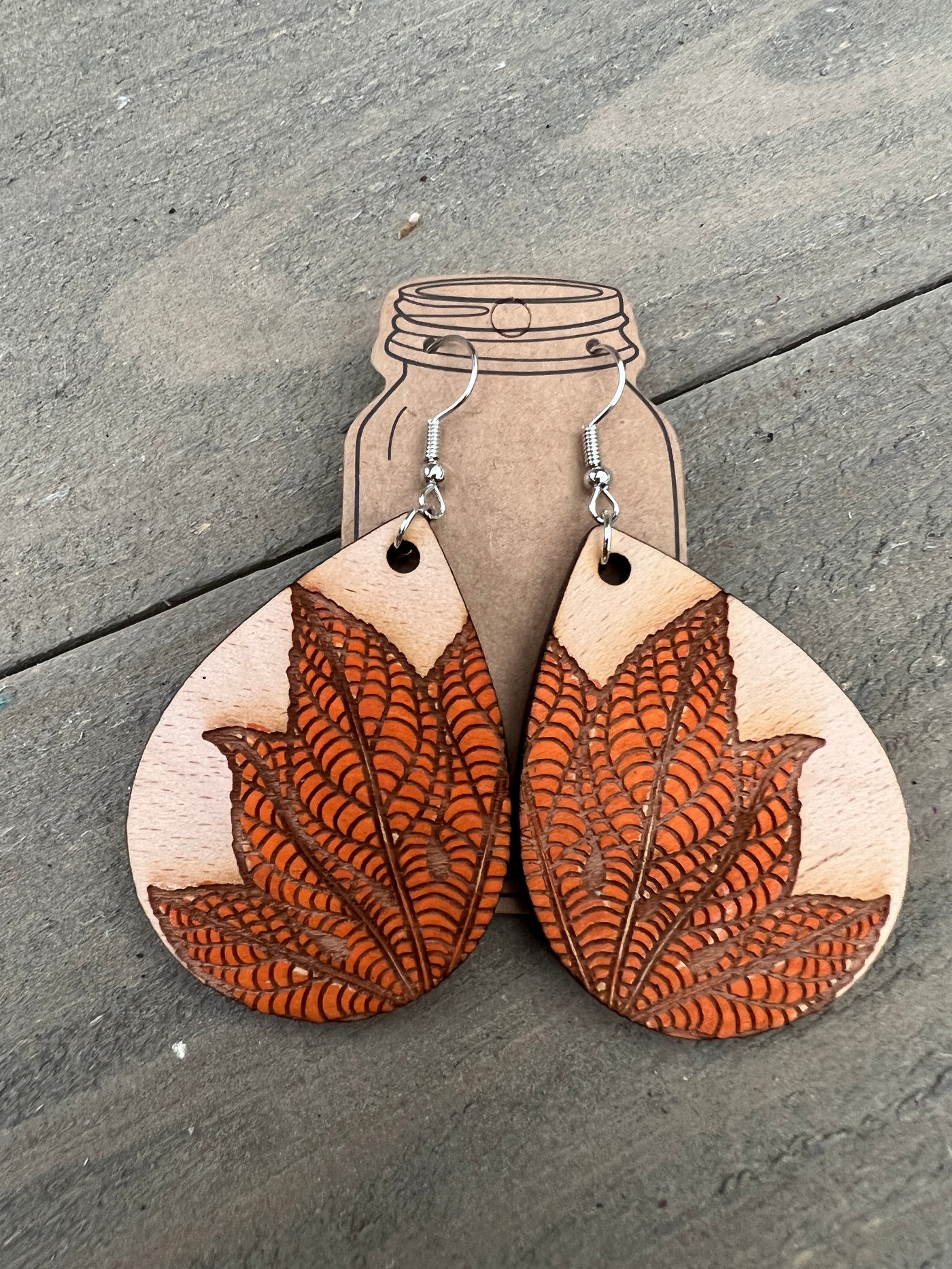 Orange Fall Leaf Engraved Wooden Earrings