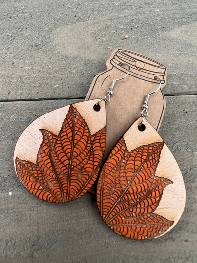 Orange Fall Leaf Engraved Wooden Earrings