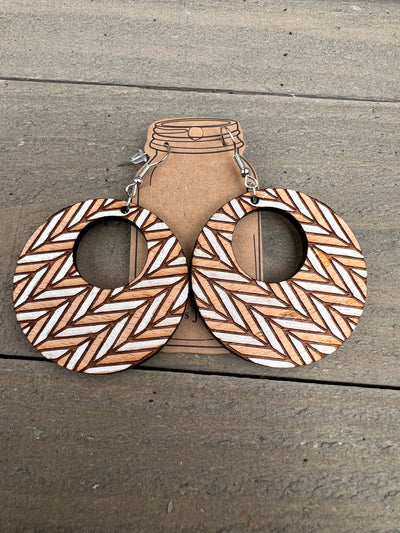 White and Natural Hoop Engraved Wooden Earrings