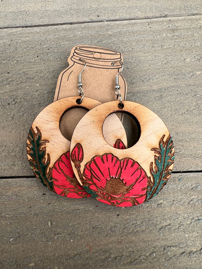 Red Poppy Hoop Engraved Wooden Earrings