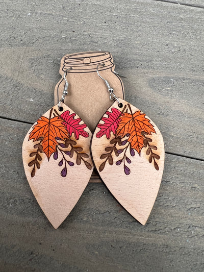 Fall Leaves Engraved Wooden Earrings