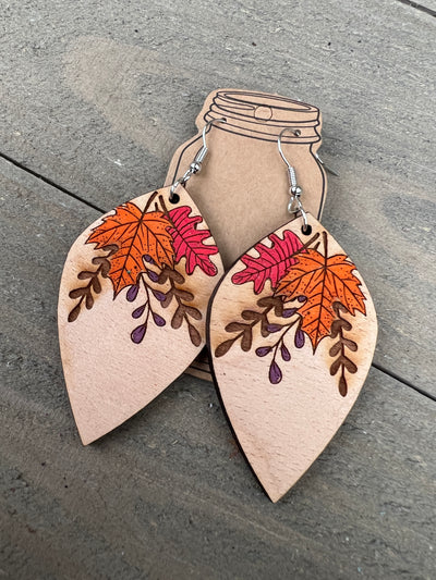 Fall Leaves Engraved Wooden Earrings