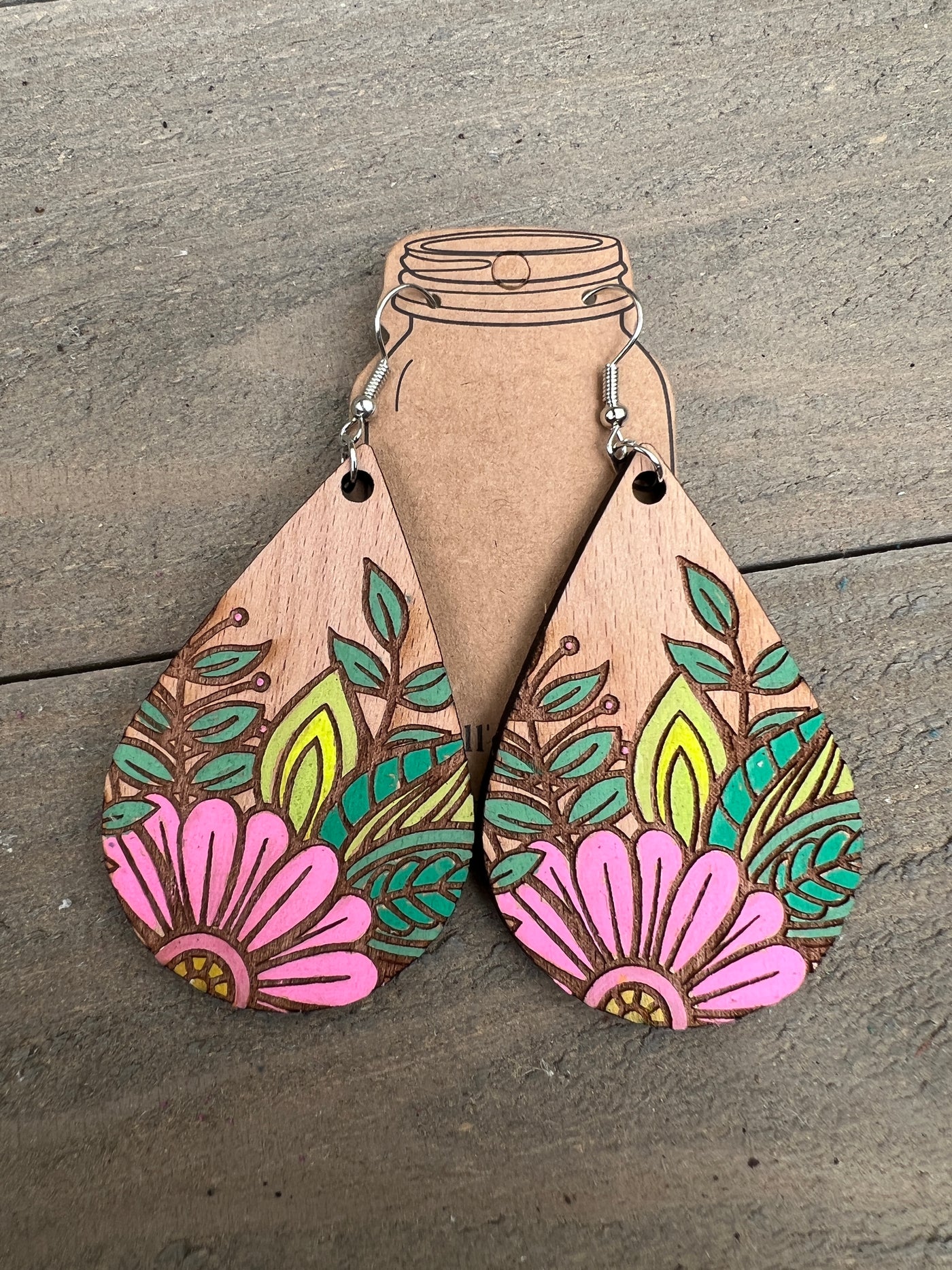 Pink Daisy Engraved Wooden Earrings