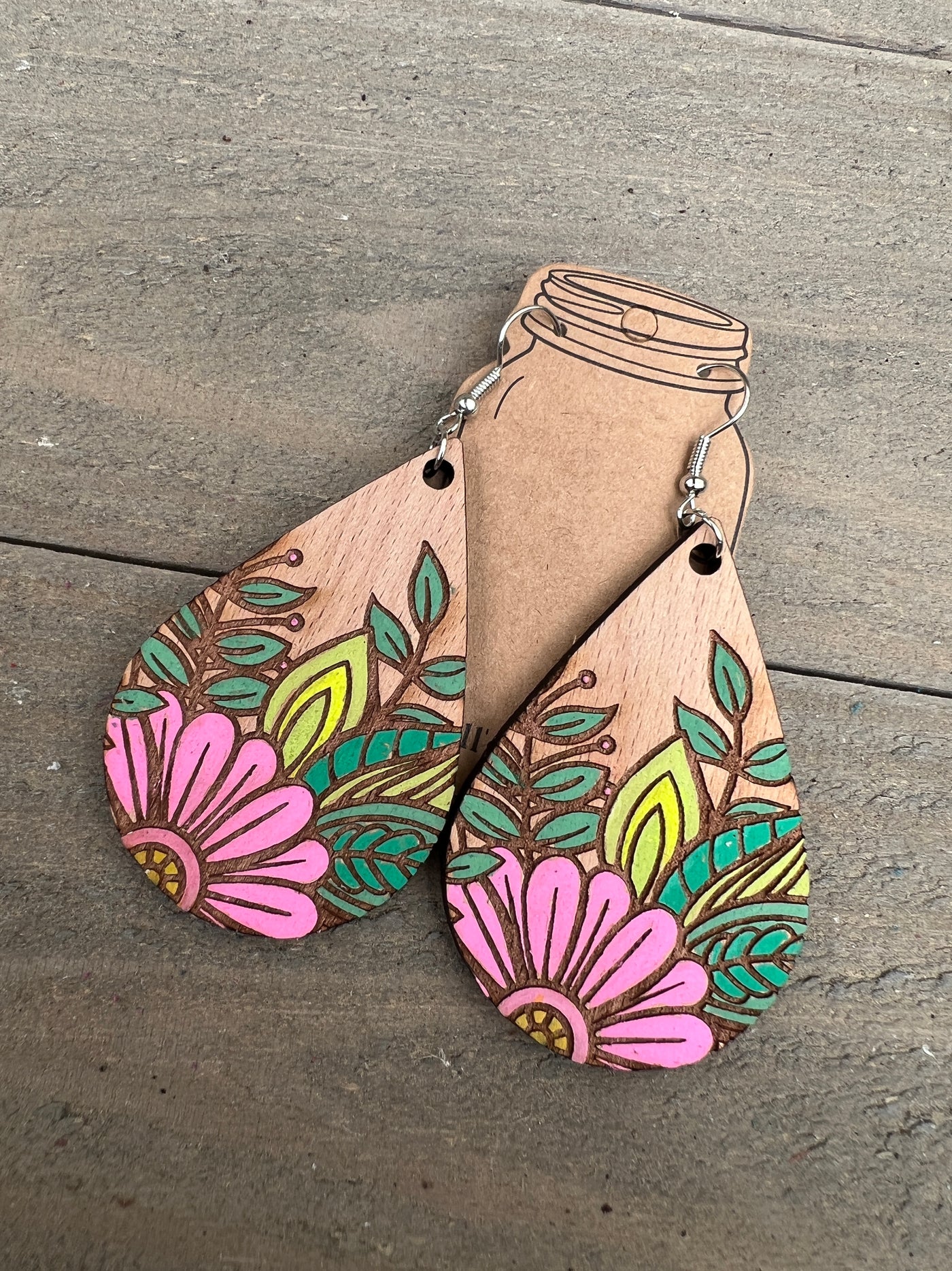 Pink Daisy Engraved Wooden Earrings