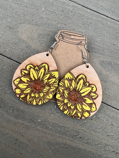 Yellow Dahlia Flower Engraved Wooden Earrings