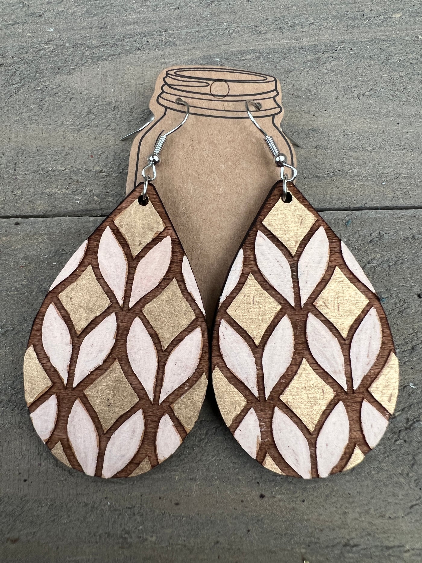 Cream and Gold Geometric Engraved Wooden Earrings