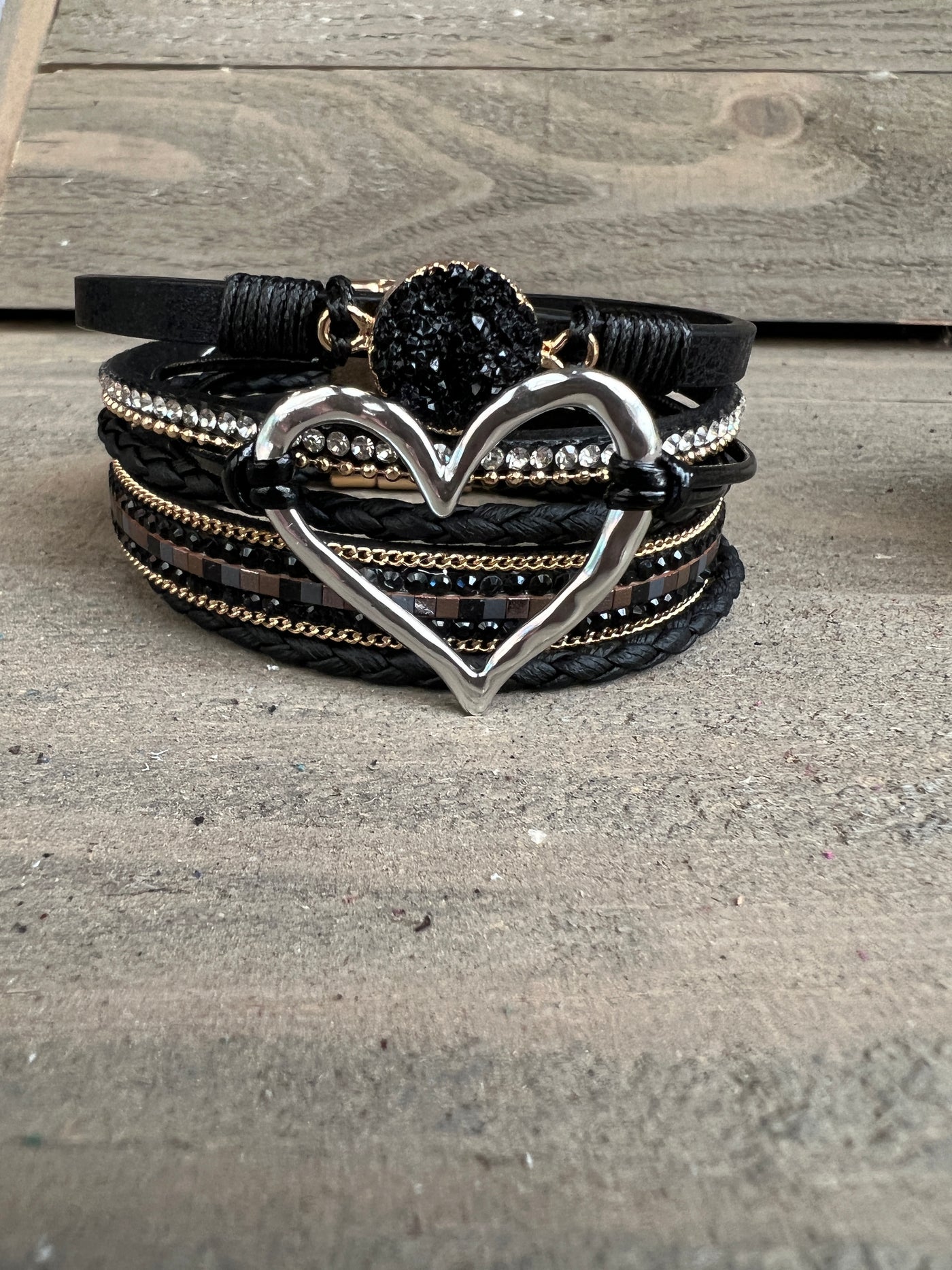 Black and Silver Druzy Heart Leather Magnetic Bracelet