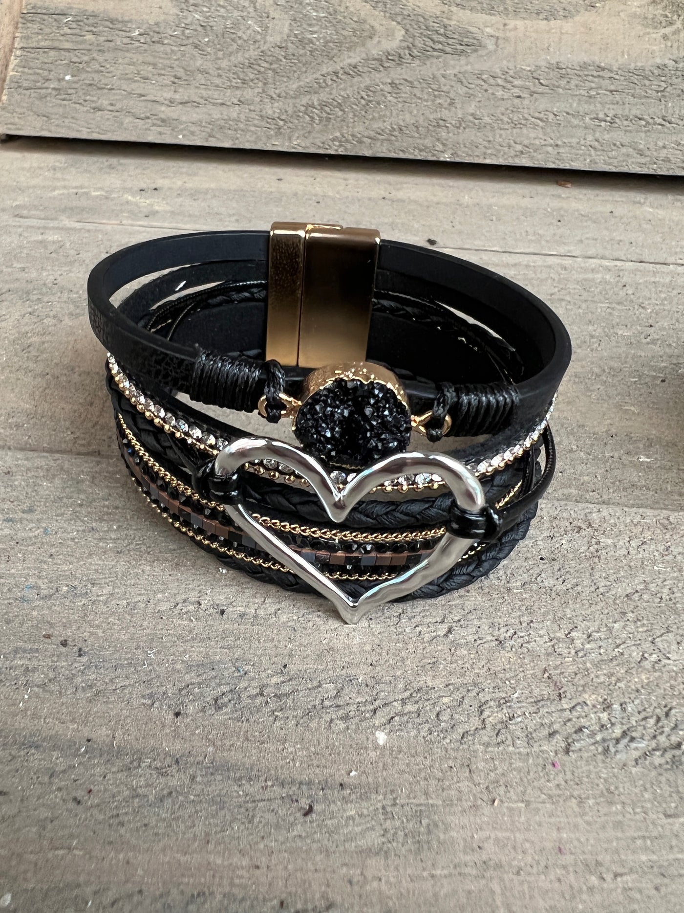 Black and Silver Druzy Heart Leather Magnetic Bracelet