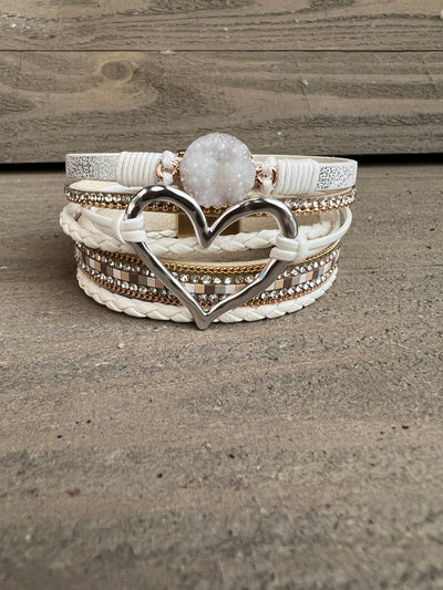 White and Silver Druzy Heart Leather Magnetic Bracelet