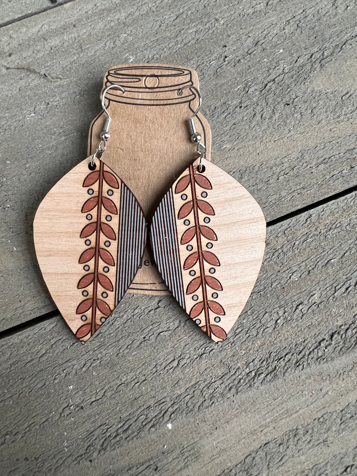 Stripe Leaf Engraved Wooden Earrings
