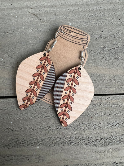 Stripe Leaf Engraved Wooden Earrings