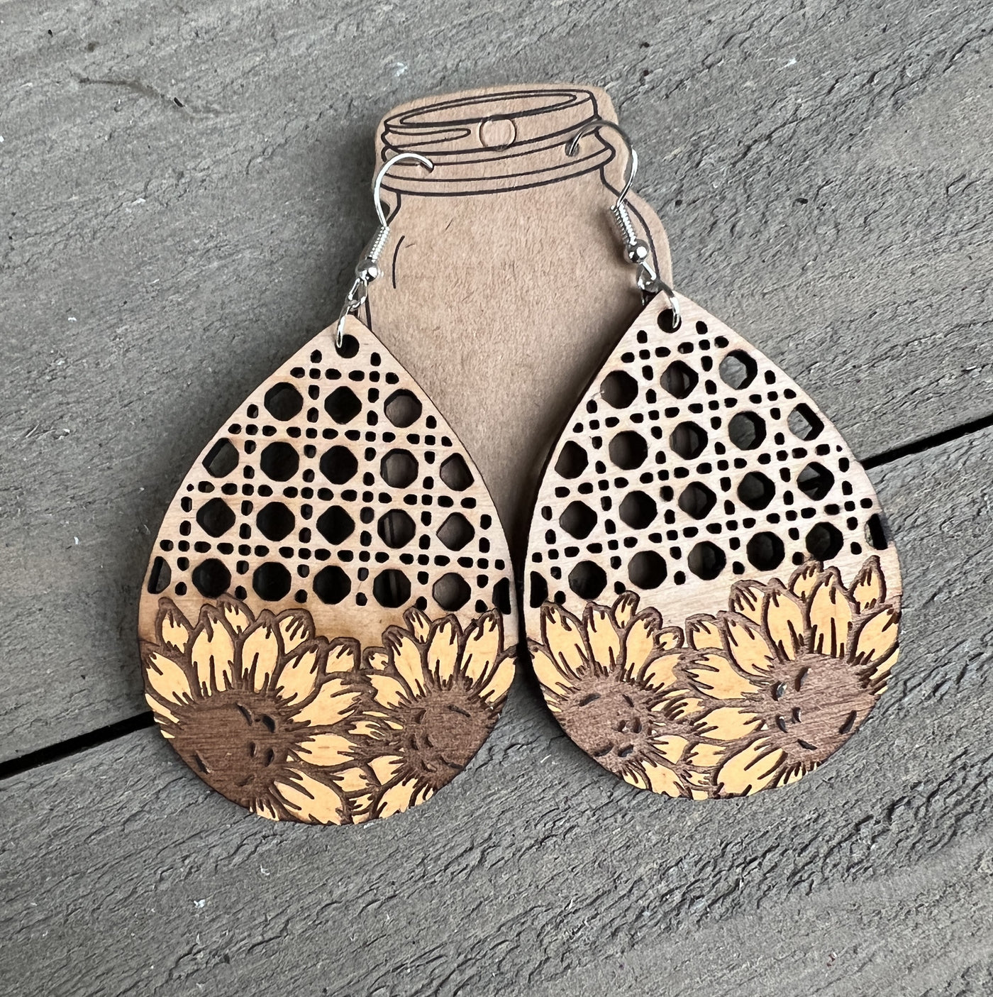 Ratan Sunflower Engraved Wooden Earrings