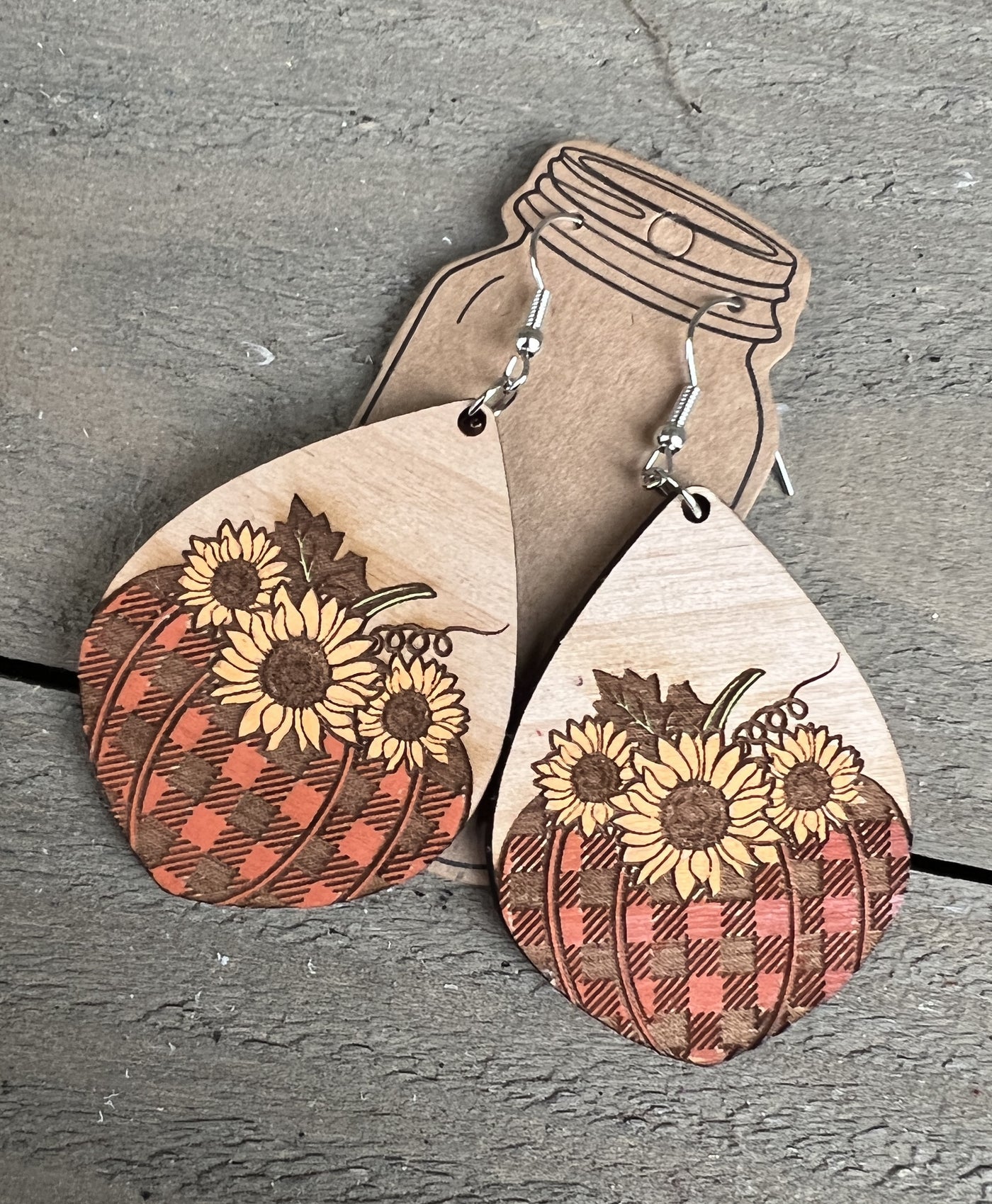 Plaid Pumpkin Sunflower Engraved Wooden Earrings