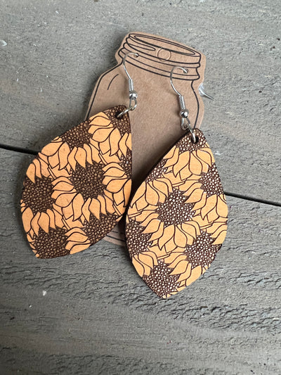 Sunflower Drop Engraved Wooden Earrings