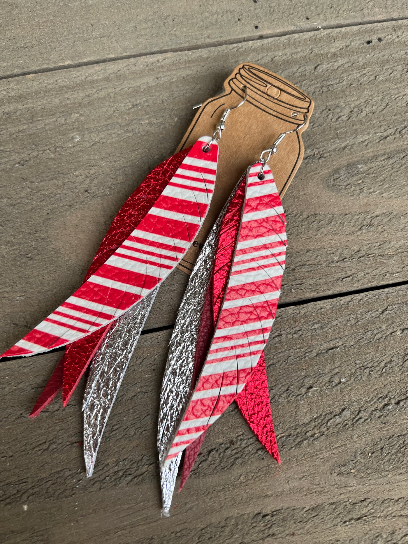 Candy Cane Holiday Stacked Fringe Feather Earrings