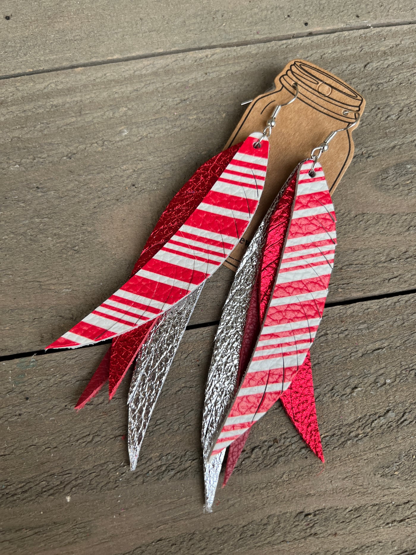 Candy Cane Holiday Stacked Fringe Feather Earrings