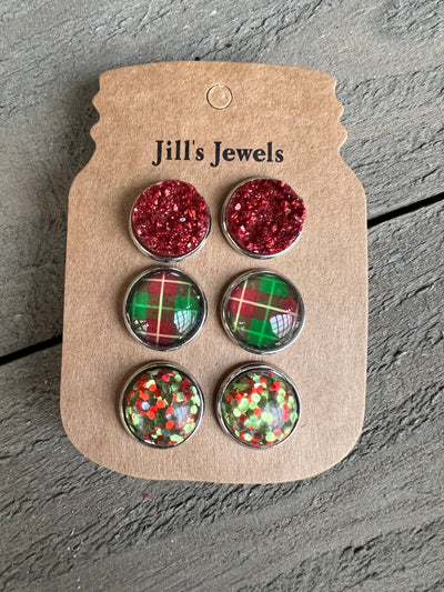 Christmas Red and Green Plaid 3 Earring Trio Set
