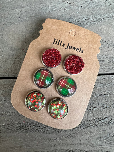 Christmas Red and Green Plaid 3 Earring Trio Set