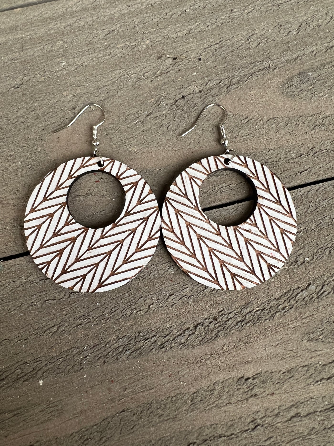 White Chevron Hoop Engraved Wooden Earrings
