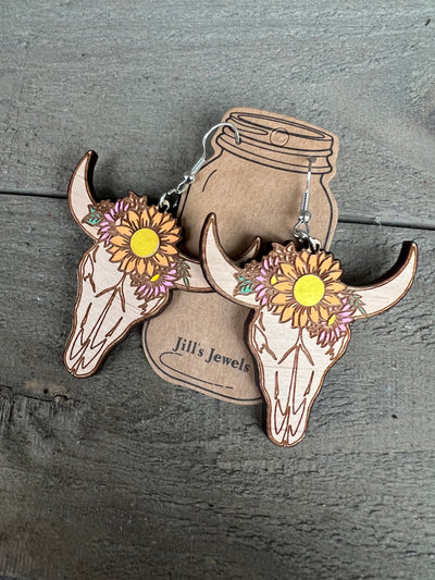 Cow Skull Western Sunflower Engraved Wooden Earrings