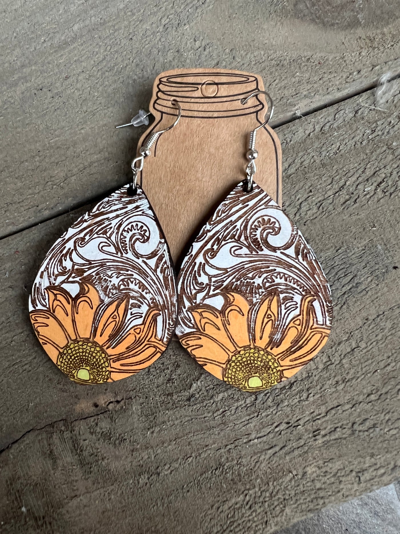 Western Sunflower Engraved Wooden Earrings
