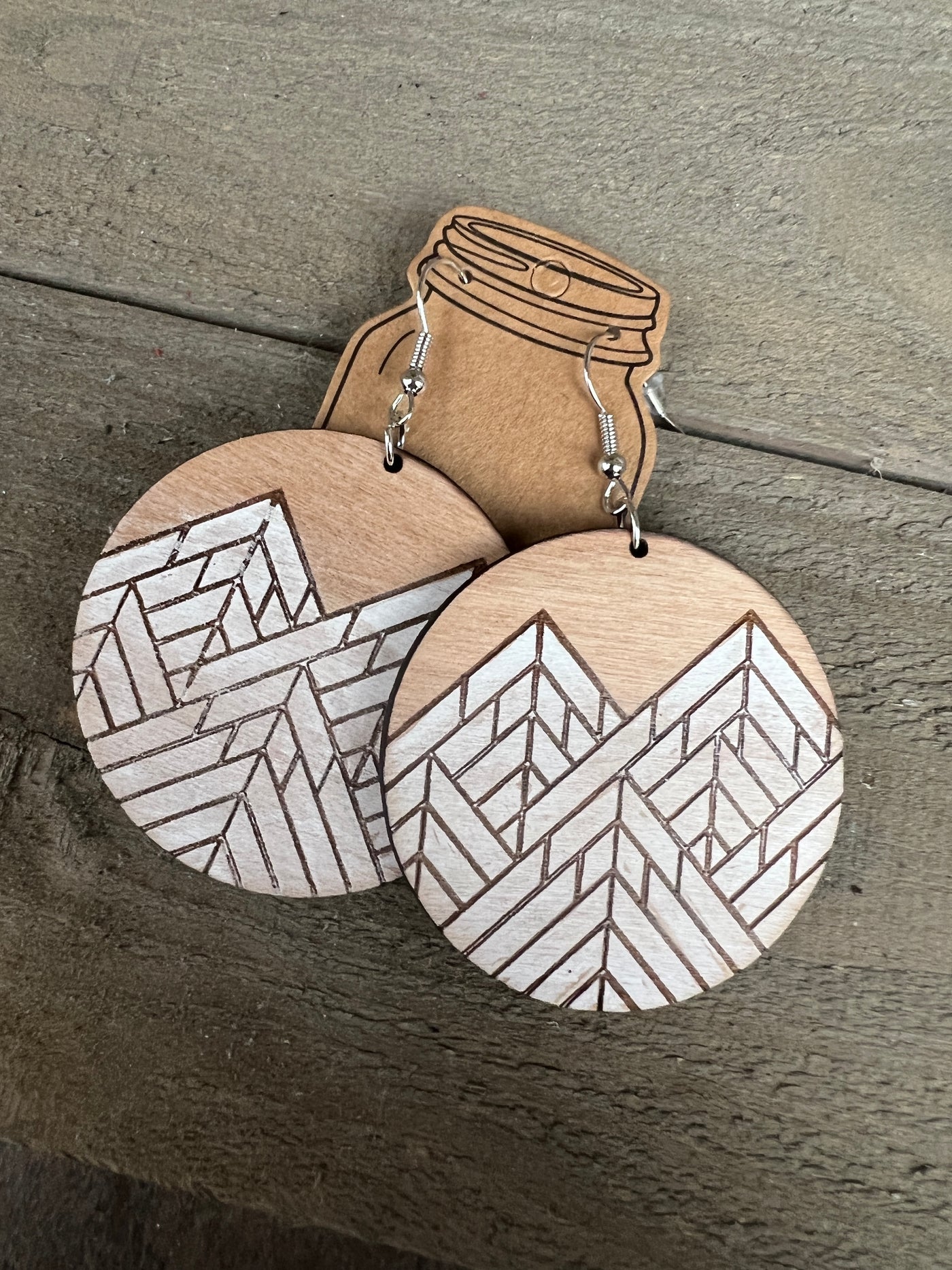 Rustic Mountain Round Engraved Wooden Earrings