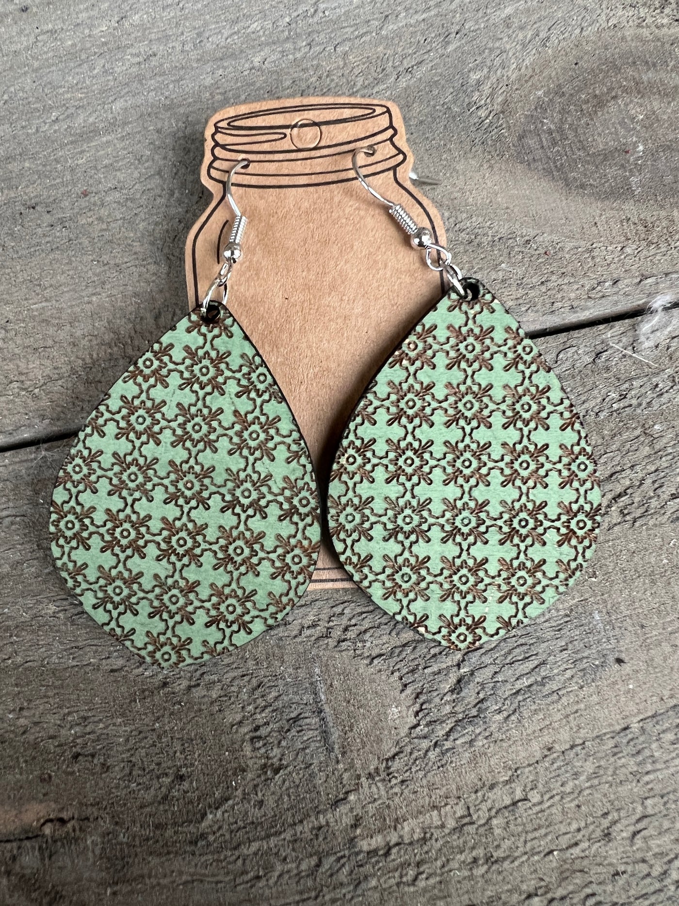Green Geometric Pattern Engraved Wooden Earrings