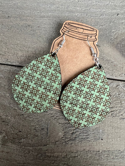 Green Geometric Pattern Engraved Wooden Earrings