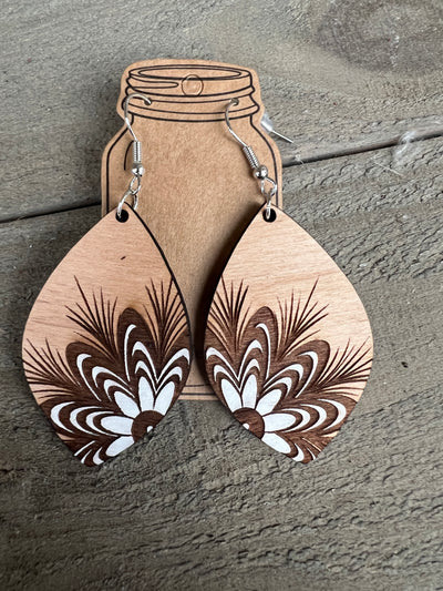 White Floral Engraved Wooden Earrings