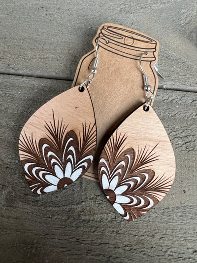 White Floral Engraved Wooden Earrings