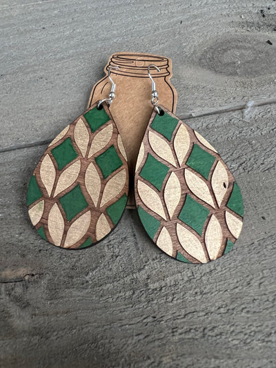 Green and Gold Geometric Engraved Wooden Earrings