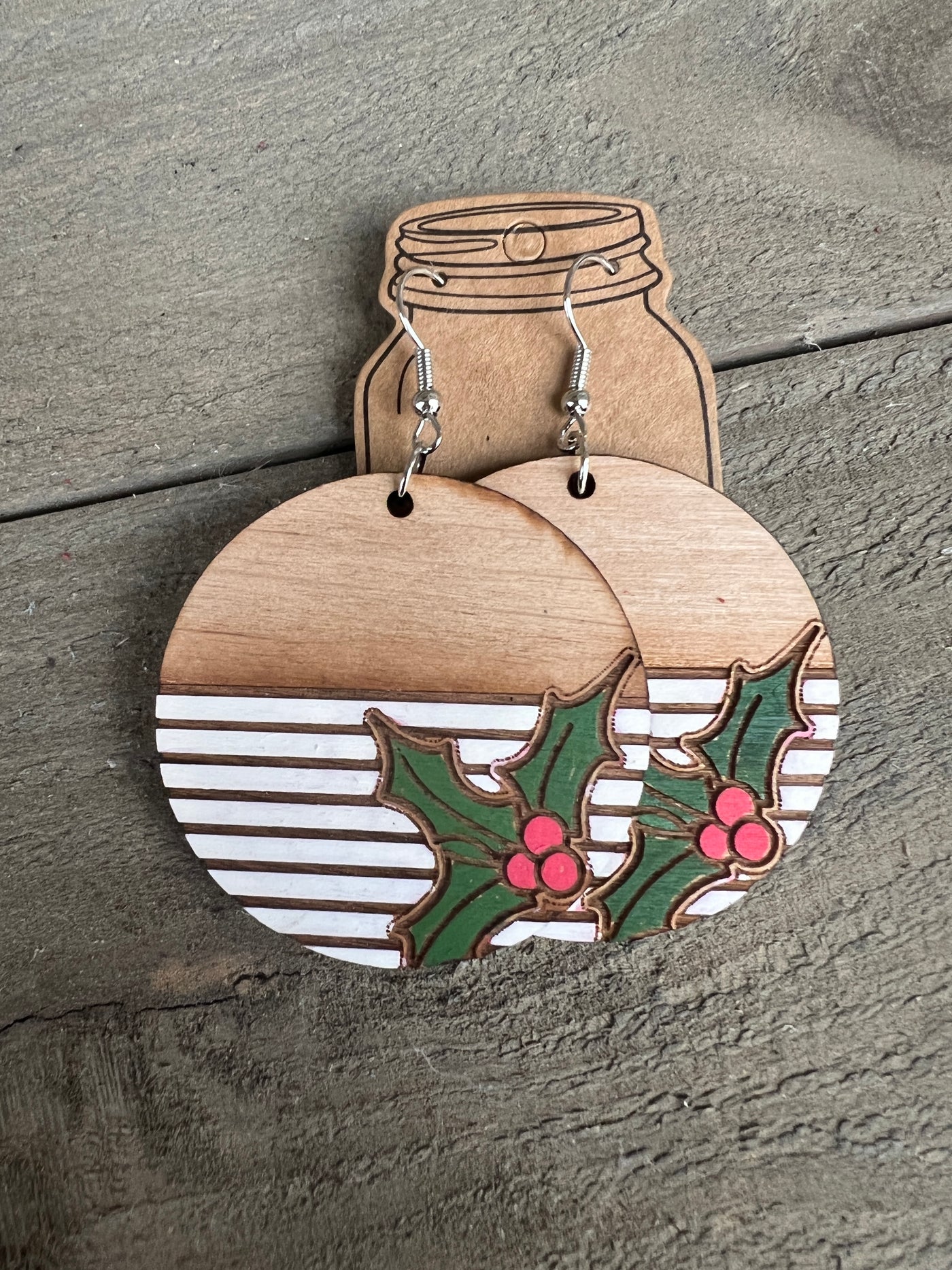White Striped Holly Engraved Wooden Earrings