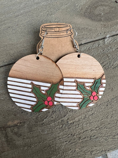 White Striped Holly Engraved Wooden Earrings