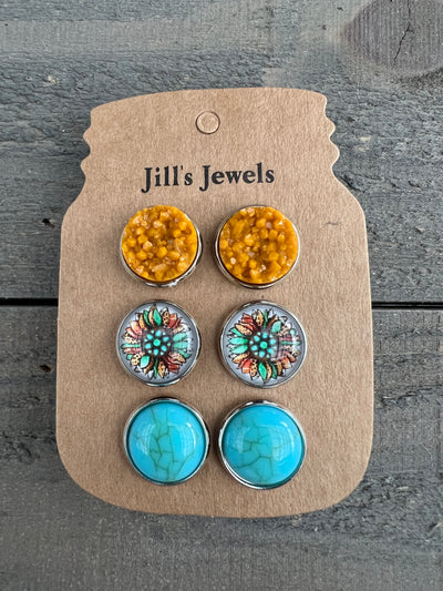 Western Turquoise Daisy Earring Trio Set