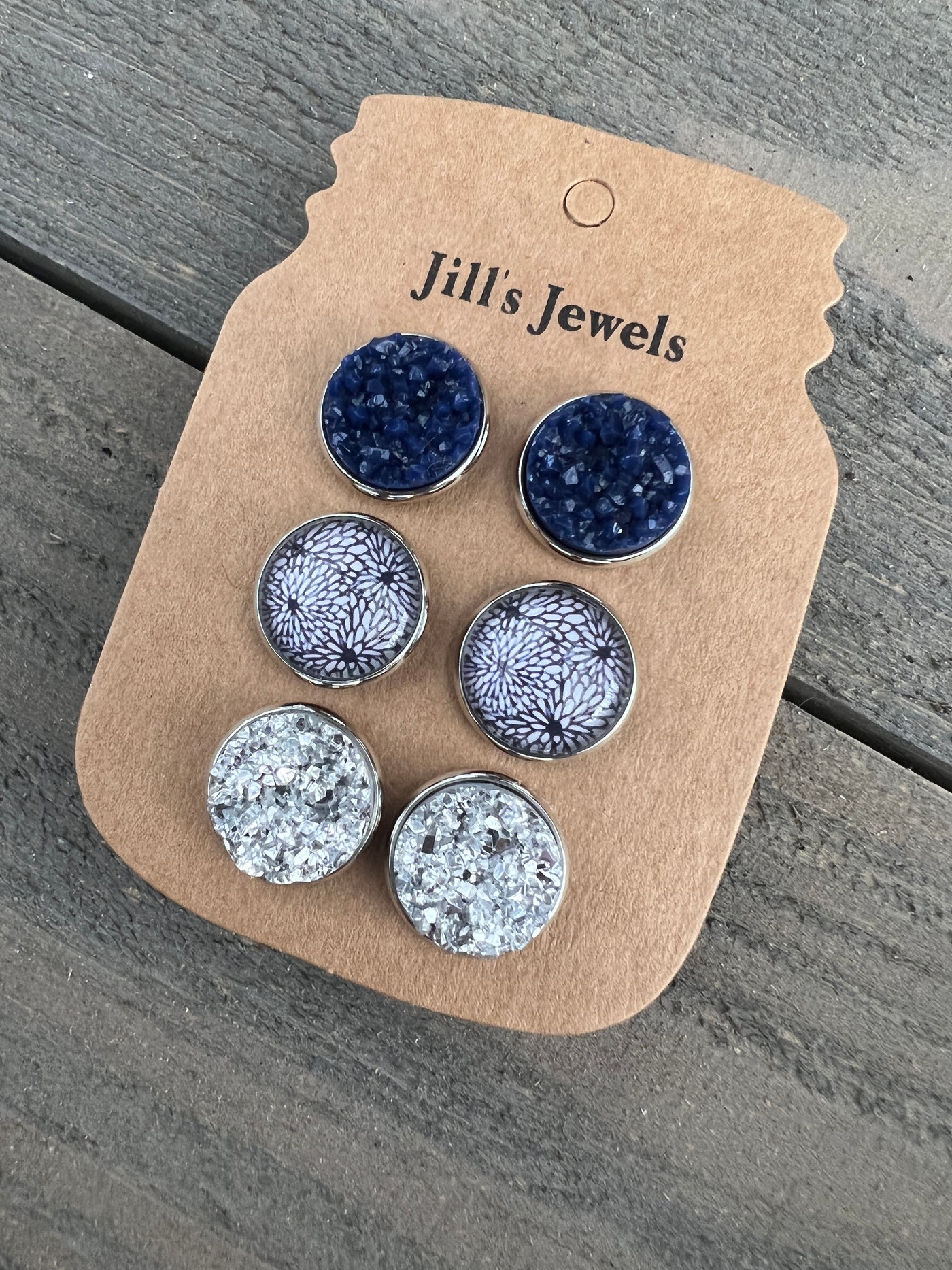 Blue and White Pattern Earring Trio Set
