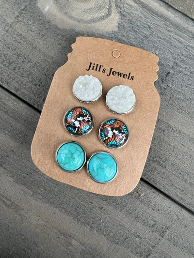 Western Turquoise Cow Earring Trio Set
